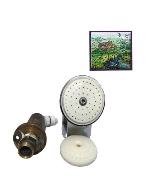 Disposable shower head 1 unit designed to drain dry when not in use and aid in suppression and control of Legionella bacteria